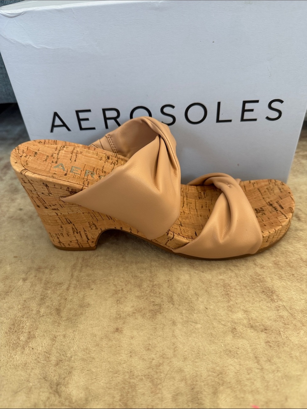 AEROSOLES Mercer Tan Twisted-Strap Cork Wedge Slides